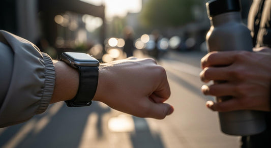 Poignet avec une Apple Watch et un bracelet en nylon tissé sombre, en extérieur urbain à la lumière douce