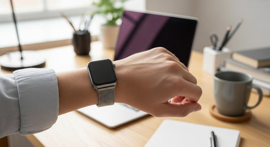 Poignet portant une Apple Watch avec bracelet milanais graphite sur un bureau en bois, lumière naturelle douce