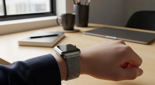Poignet portant une Apple Watch avec bracelet milanais en acier, focus sur l’attache au boîtier sur un bureau