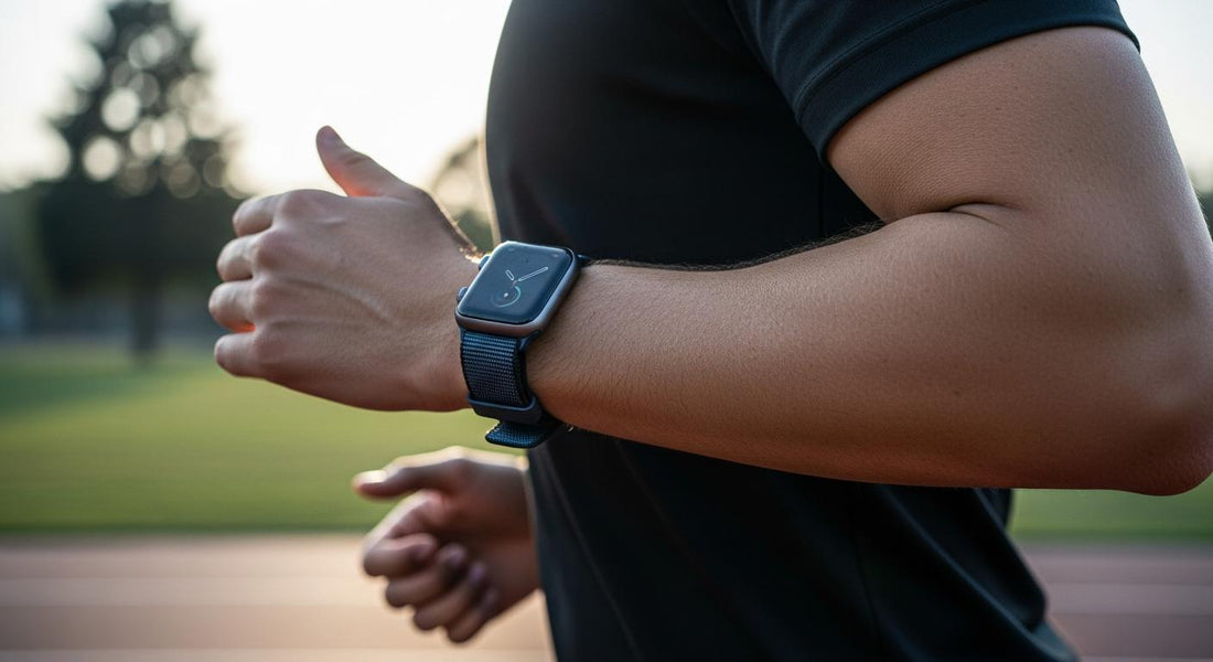 Gros plan sur le poignet d’un coureur portant une Apple Watch avec bracelet nylon respirant en extérieur