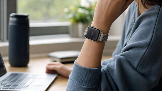 Poignet portant une Apple Watch 41mm avec bracelet en nylon tissé, au bureau près d’un ordinateur portable