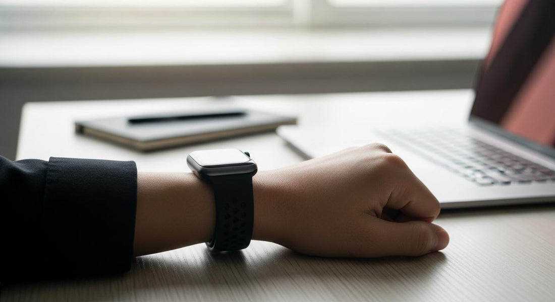 Poignet portant une Apple Watch 45 mm avec bracelet silicone noir, posé sur un bureau en bois à lumière douce