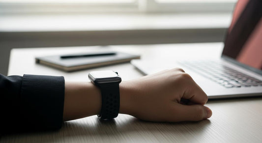 Poignet portant une Apple Watch 45 mm avec bracelet silicone noir, posé sur un bureau en bois à lumière douce