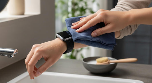 Poignet avec une Apple Watch et bracelet en silicone essuyé avec un chiffon, près d’un lavabo