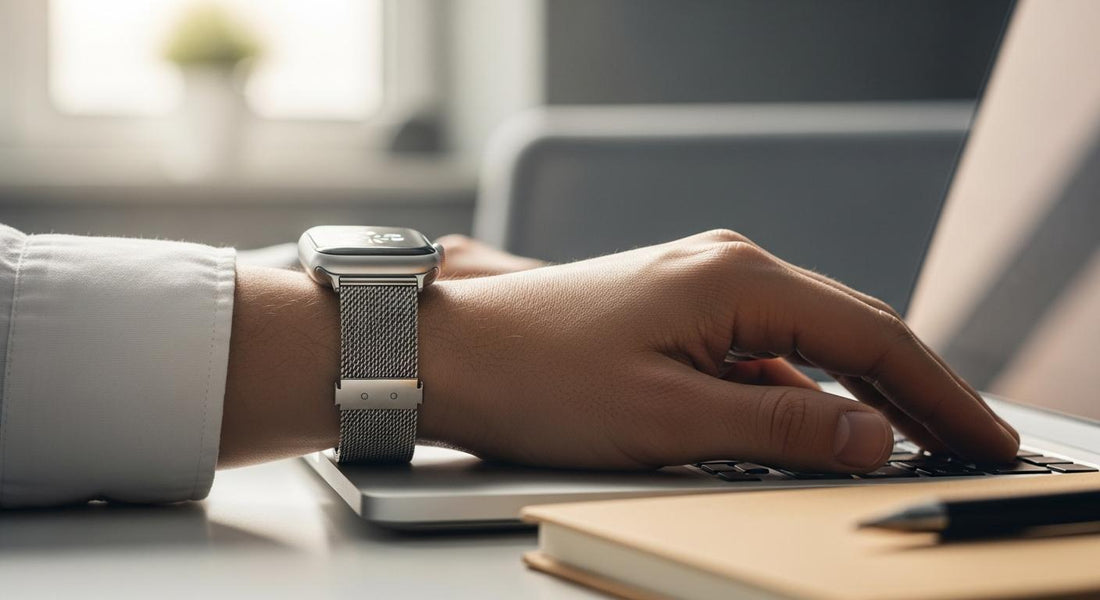 Poignet au bureau portant une Apple Watch avec bracelet milanais en acier inoxydable, lumière naturelle douce