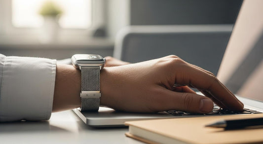 Poignet au bureau portant une Apple Watch avec bracelet milanais en acier inoxydable, lumière naturelle douce