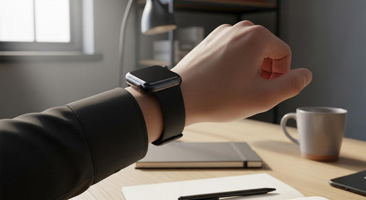 Poignet portant une Apple Watch série 9 avec bracelet en silicone bien ajusté sur un bureau en bois, lumière naturelle