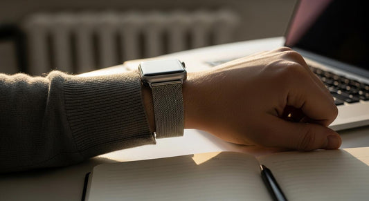 Poignet avec Apple Watch et bracelet milanais frôlant la manche d’un pull au bureau