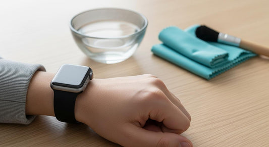 Poignet avec Apple Watch et bracelet en silicone, à côté d’un chiffon et d’une brosse pour le nettoyage