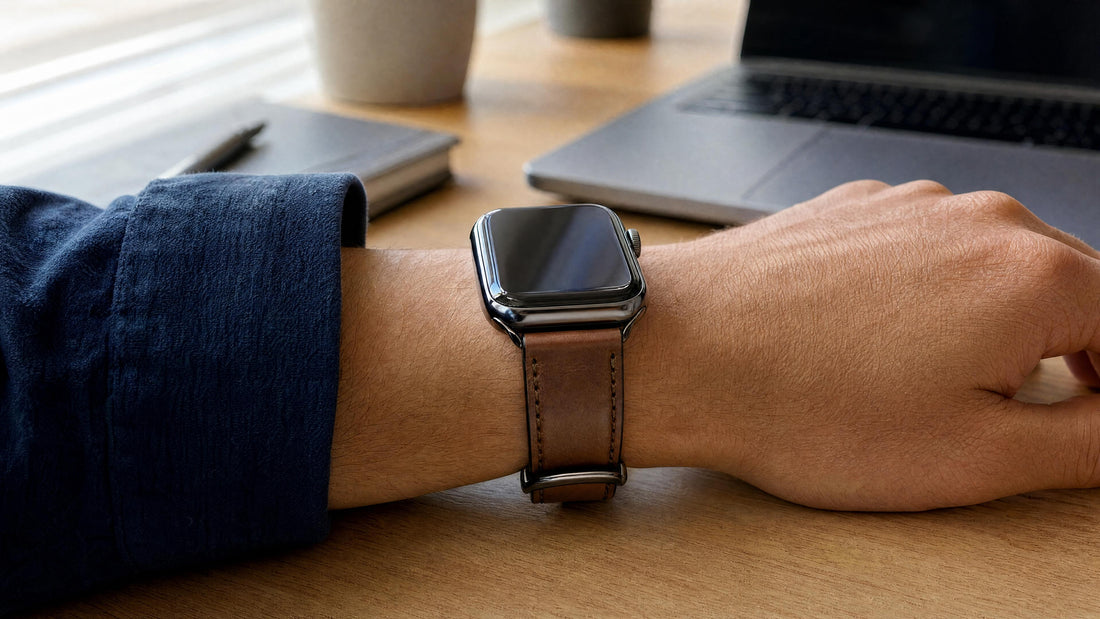 Poignet avec une Apple Watch et bracelet en cuir marron sur un bureau en bois, lumière naturelle douce