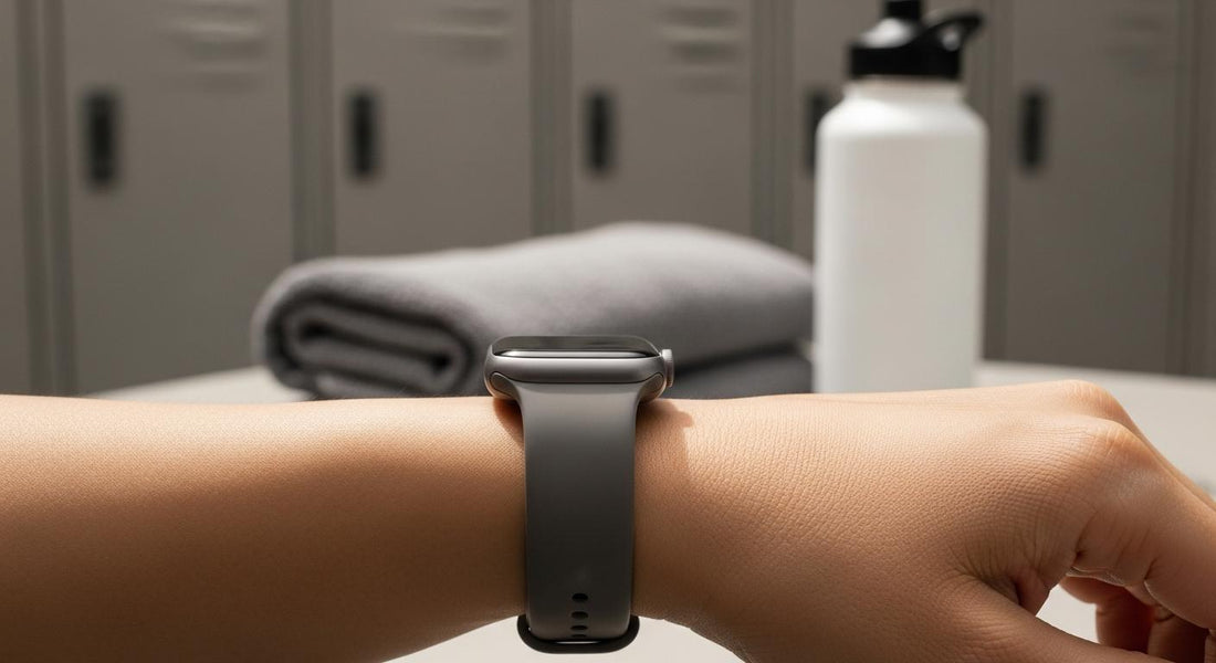 Poignet portant une Apple Watch avec bracelet en silicone, en lumière douce, avec serviette et gourde en arrière-plan