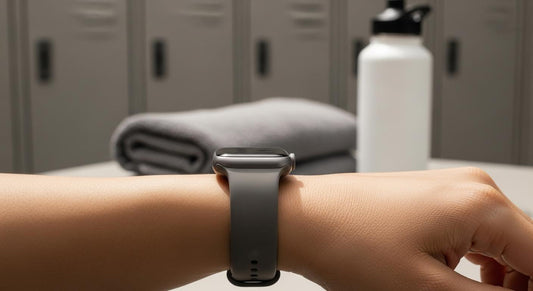 Poignet portant une Apple Watch avec bracelet en silicone, en lumière douce, avec serviette et gourde en arrière-plan