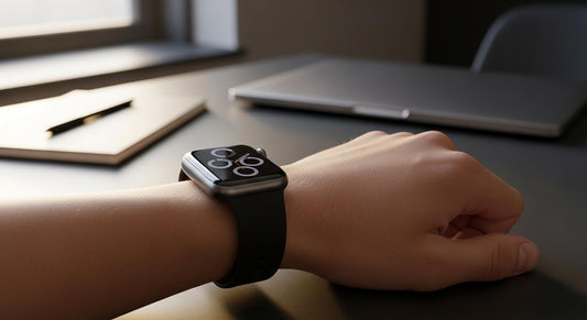 Poignet portant une Apple Watch avec bracelet en silicone noir, posé près d’un carnet sur un bureau moderne