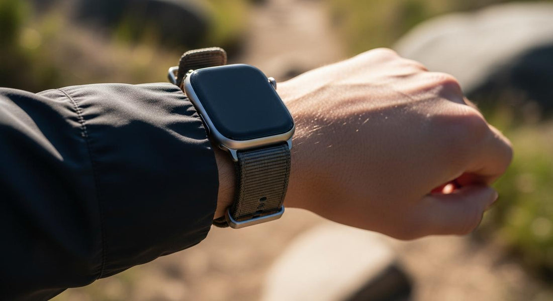 Poignet portant une Apple Watch Ultra avec bracelet en nylon, en randonnée sur un sentier, lumière naturelle