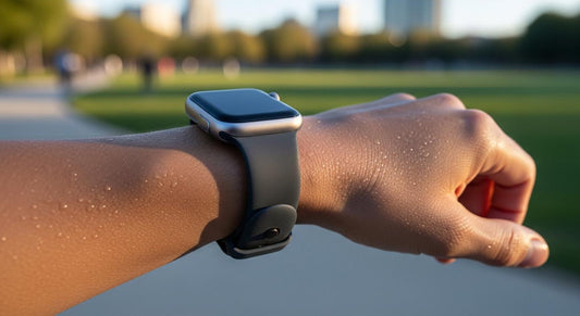 Poignet portant une Apple Watch avec bracelet sport en silicone après un footing, en lumière naturelle