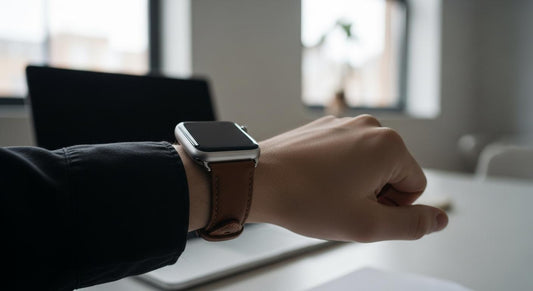 Poignet portant une Apple Watch avec un bracelet en cuir marron, sur un bureau éclairé par une lumière douce