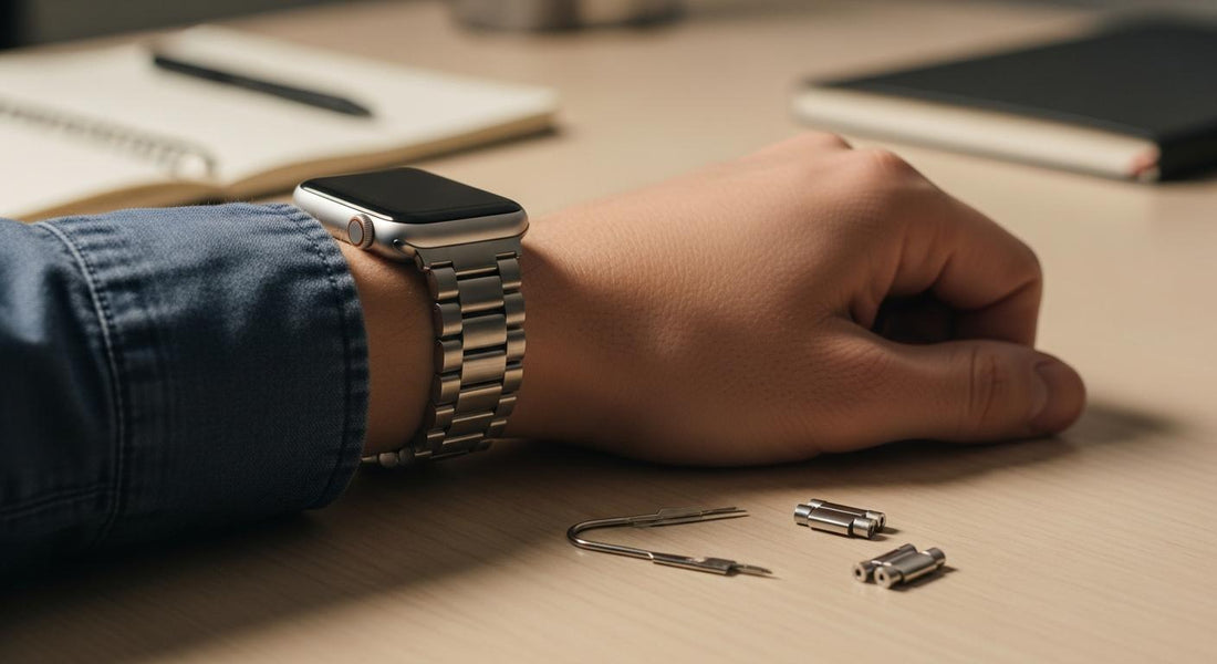 Poignet avec Apple Watch et bracelet en acier, outil de retrait de maillons posé sur un bureau en bois