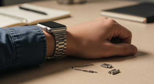Poignet avec Apple Watch et bracelet en acier, outil de retrait de maillons posé sur un bureau en bois