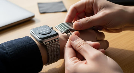 Main retirant un bracelet milanais d’une Apple Watch sur un bureau en bois, en lumière naturelle
