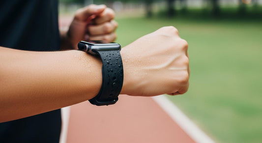 Poignet en tenue de sport avec une Apple Watch et bracelet silicone noir bien ajusté pendant un footing