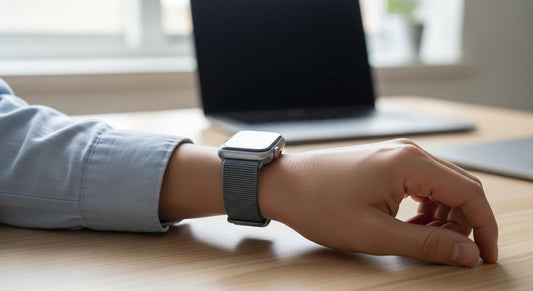 Gros plan d’un poignet portant une Apple Watch 49 mm avec bracelet nylon gris, sur un bureau en lumière naturelle