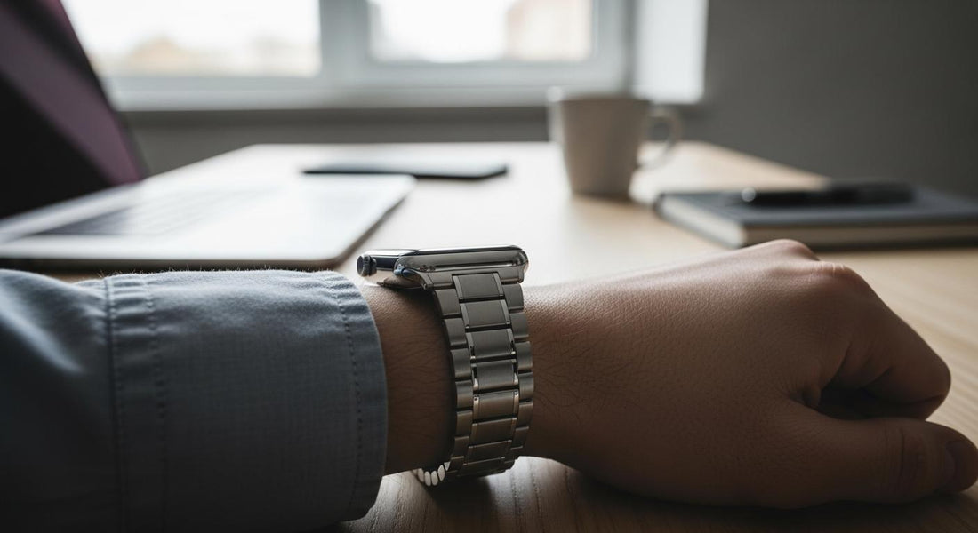 Poignet portant une Apple Watch avec bracelet en acier inoxydable sur un bureau en bois, lumière naturelle