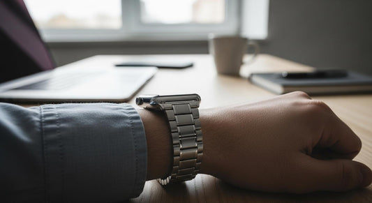 Poignet portant une Apple Watch avec bracelet en acier inoxydable sur un bureau en bois, lumière naturelle