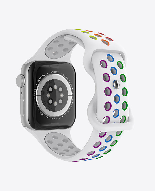 Bracelet Apple Watch Sport en Silicone - Blanc / Arc-en-Ciel